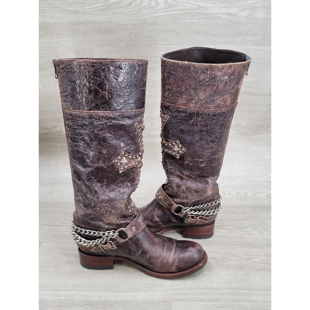 Vintage SENDRA Knee High Western Leather Belted With Big Cross Boots 9.5